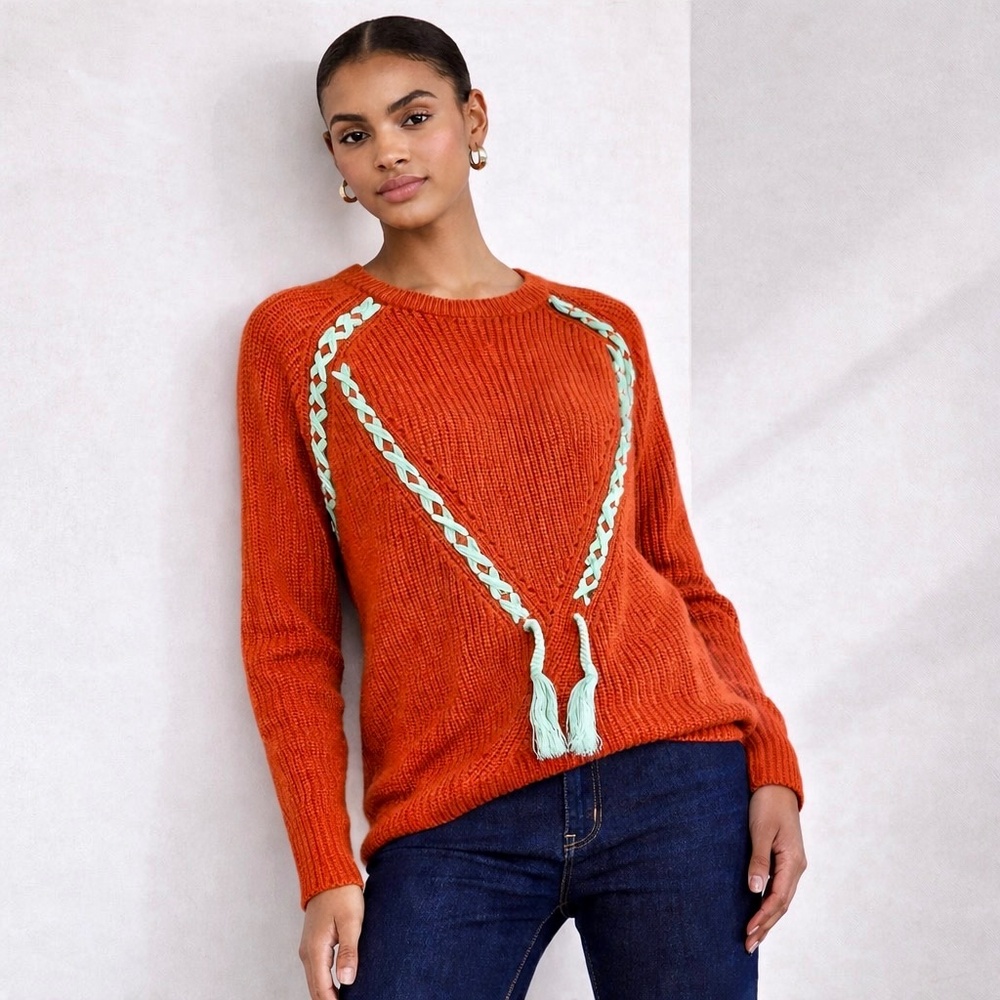 Hayden Orange Knit Sweater Boho Lace‎ Up Detail Crewneck Pullover